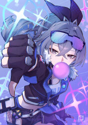 Rule 34 | 1girl, absurdres, black gloves, black shorts, blowing bubbles, chewing gum, commentary, cowboy shot, cropped jacket, crossed bangs, drill hair, drill ponytail, english commentary, eyewear on head, fingerless gloves, fur-trimmed jacket, fur trim, gloves, grey eyes, grey hair, hair between eyes, highres, honkai: star rail, honkai (series), jacket, long hair, looking at viewer, midriff peek, open clothes, open jacket, purple-tinted eyewear, shirt, shorts, silver wolf (honkai: star rail), single-shoulder shirt, single drill, solo, thumbs down, tinted eyewear, twitter username, watermark, y (user kjgm5733)