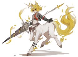 Rule 34 | 1girl, animal ears, belt, black gloves, blonde hair, brown belt, centaur, cropped shirt, don quixote (project moon), gloves, highres, holding, holding polearm, holding weapon, horse ears, lance, limbus company, liyln02617464, necktie, polearm, project moon, red necktie, shirt, short hair, simple background, solo, taur, unicorn, weapon, white background, white shirt, yellow eyes