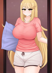 Rule 34 | blonde hair, breasts, highres, large breasts, long hair, mythra (xenoblade), pillow, pink shirt, shirt, shorts, t-shirt, the only shoe, white shorts, xenoblade chronicles (series), xenoblade chronicles 2