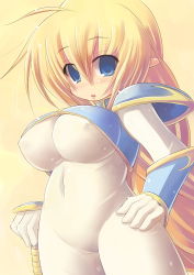 Rule 34 | 1girl, blonde hair, blue eyes, blush, bodysuit, braid, breasts, elona, gloves, golden knight (elona), kourourin, large breasts, long hair, open mouth, solo