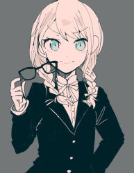 Rule 34 | &gt;:), 1girl, bang dream!, blue eyes, braid, unworn eyewear, formal, glasses, grey background, hand on own hip, holding, holding removed eyewear, itomugi-kun, long hair, long sleeves, looking at viewer, muted color, neck ribbon, ribbon, simple background, solo, spot color, suit, twin braids, upper body, wakamiya eve, white hair