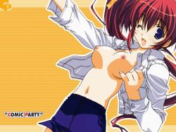 Rule 34 | 00s, 1girl, breasts, breasts out, comic party, large breasts, nipples, nude filter, open clothes, open shirt, red hair, shirt, solo, takase, takase mizuki, third-party edit, topless