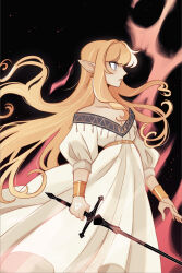 Rule 34 | 1girl, absurdres, black background, blonde hair, bracelet, breasts, cleavage, commentary, dress, earrings, english commentary, erin (honey glows), grey eyes, highres, holding, holding sword, holding weapon, jewelry, long hair, nintendo, pointy ears, princess zelda, ring, small breasts, solo, standing, sword, the legend of zelda, triforce, triforce earrings, very long hair, weapon, white dress