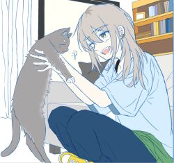 Rule 34 | 1girl, animal, blue pants, blue shirt, blush, bookshelf, cat, collarbone, commentary, earclip, fang, girls band cry, grey hair, hair between eyes, holding, holding animal, holding cat, indoors, kawaragi momoka, long hair, momokan 1209, one eye closed, open mouth, pants, plant roots, shirt, short sleeves, sitting, solo, teeth, upper teeth only, yellow footwear