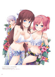 Rule 34 | 3girls, bikini, blue eyes, blush, breasts, brown hair, closed mouth, collarbone, flower, green eyes, hair flower, hair intakes, hair ornament, hairband, halterneck, hibiscus, highres, large breasts, long hair, looking at viewer, mochizuki momiji, multiple girls, navel, new game!, official art, open mouth, page number, pink flower, ponytail, purple eyes, red flower, red hair, sarong, short hair, silver hair, suzukaze aoba, swimsuit, takimoto hifumi, tokunou shoutarou, twintails, very long hair, white background, white bikini, white hairband, yellow flower