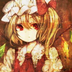 Rule 34 | 1girl, ascot, bad id, bad pixiv id, blonde hair, bow, closed mouth, collar, collared dress, crystal, dress, eyes visible through hair, flandre scarlet, garan co, hair between eyes, hat, hat bow, jewelry, looking to the side, lowres, mob cap, multicolored wings, one side up, puffy short sleeves, puffy sleeves, red ascot, red bow, red dress, red eyes, shirt, short hair, short sleeves, solo, touhou, upper body, white hat, white shirt, white sleeves, wings