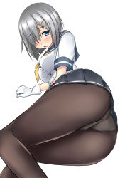 Rule 34 | 10s, 1girl, :o, arm support, ass, bad id, bad pixiv id, blush, breasts, brown pantyhose, from behind, gloves, grey skirt, hair over one eye, hamakaze (kancolle), highres, kantai collection, kneepits, large breasts, legs, looking back, lying, neckerchief, on side, open mouth, panties, panties under pantyhose, pantyhose, pleated skirt, sailor collar, school uniform, serafuku, shirt, short hair, short sleeves, silver hair, simple background, skirt, sleeve cuffs, solo, terakoya, thighs, underwear, upskirt, white background, white gloves, white shirt, yellow neckerchief