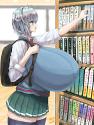 Rule 34 | 1girl, absurdres, backpack, bag, blue eyes, blue shirt, blurry text, book, bookshelf, breasts, floor, gigantic breasts, green skirt, grey hair, highres, holding, holding bag, indoors, library, looking at object, miniskirt, open mouth, original, pale skin, profile, puffy sleeves, reaching up, school uniform, shirt, sideboob, skindentation, skirt, smile, solo, standing, thick thighs, thighhighs, thighs, window, yukito, zettai ryouiki