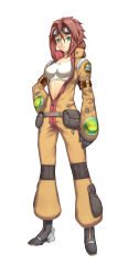 Rule 34 | 1girl, absurdres, aged up, ar tonelico, ar tonelico iii, belt, breasts, center opening, frown, full-length zipper, gloves, goggles, goggles on head, green eyes, gust, hair intakes, hand on own hip, highres, hip focus, jumpsuit, krusche elendia, long hair, midriff, nagi ryou, navel, official art, orange jumpsuit, ponytail, red hair, simple background, solo, sports bra, standing, unzipped, white background, zipper