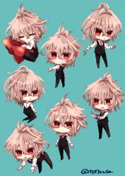 Rule 34 | 1boy, ahoge, black footwear, black pants, blush, brown hair, chibi, closed eyes, commentary, fate/apocrypha, fate (series), green background, highres, holding, holding notepad, holding pencil, kneeling, long sleeves, looking at viewer, looking back, looking to the side, male focus, multiple views, notepad, hugging object, pants, pencil, pillow, pillow hug, red eyes, rono (7272usa), shirt, shoes, short hair, sieg (fate), sleeping, solo focus, waistcoat, white shirt
