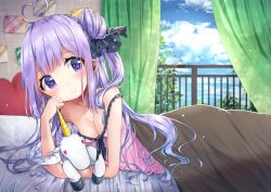Rule 34 | 1girl, azur lane, babydoll, bare shoulders, bed, black ribbon, blue sky, blush, breasts, cleavage, closed mouth, cloud, collarbone, commentary request, curtains, day, hair bun, hair ribbon, hand up, heart, heart-shaped eyes, heart-shaped pupils, indoors, long hair, medium breasts, one side up, pink babydoll, purple eyes, purple hair, railing, ribbon, sawa (sawasaku), side bun, single hair bun, single side bun, sky, smile, solo, strap slip, stuffed animal, stuffed toy, stuffed winged unicorn, symbol-shaped pupils, under covers, unicorn (azur lane), very long hair