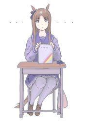 Rule 34 | ..., 1girl, animal ears, blue eyes, blush, brown footwear, brown hair, chair, desk, frilled skirt, frills, grass wonder (umamusume), highres, horse ears, horse girl, horse tail, loafers, long hair, long sleeves, looking at viewer, on chair, pantyhose, parted bangs, parted lips, pencil case, pleated skirt, purple shirt, purple skirt, school chair, school desk, school uniform, shirt, shoes, simple background, sitting, skirt, solo, tail, tracen school uniform, umamusume, vent arbre, white background, white pantyhose