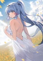 Rule 34 | 1girl, alternate costume, ayaka (genshin impact), bare back, blue eyes, blue hair, blue sky, breasts, cloud, commentary, cowboy shot, day, dress, genshin impact, hair intakes, komuer, large breasts, long hair, looking at viewer, ponytail, sidelocks, sky, sleeveless, sleeveless dress, smile, solo, standing, symbol-only commentary, very long hair, white dress