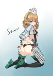 Rule 34 | 1girl, ass, blonde hair, blue eyes, breasts, cropped jacket, curly hair, finger to mouth, g-string, headband, headgear, highres, kneeling, looking at viewer, looking back, one-piece swimsuit, original, panties, personification, s-56 (warship girls r), ship girl, shushing, signature, small breasts, smile, solo, stmast, swimsuit, thighhighs, thong, torpedo, underwear, warship girls r