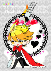 Rule 34 | 1boy, black pants, black vest, blonde hair, bow, cake, cape, chibi, crown, earrings, food, fork, fruit, giancarlo bourbon del monte, heart, holding, holding fork, jewelry, licking lips, lucky dog 1, oversized object, pants, raspberry, red bow, red cape, solo, star (symbol), strawberry, tongue, tongue out, toukei, vest, yellow eyes