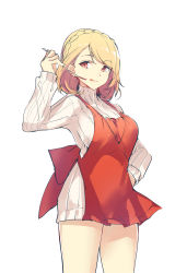 Rule 34 | apron, azur lane, bcat, blonde hair, bob cut, braid, french braid, hand on own hip, highres, licking lips, looking at viewer, prince of wales (azur lane), red apron, red eyes, ribbed sweater, solo, sweater, tongue, tongue out, white background