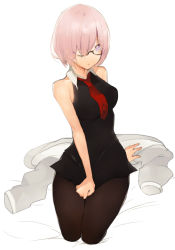 Rule 34 | 1girl, arm behind back, bare arms, bare shoulders, black-framed eyewear, black pantyhose, breasts, closed mouth, clothes pull, collared dress, dress, dress pull, fate/grand order, fate (series), full body, glasses, hair over one eye, jacket, unworn jacket, looking at viewer, mash kyrielight, medium breasts, necktie, pantyhose, peanutc, pink eyes, pink hair, red necktie, seiza, short hair, simple background, sitting, sleeveless, sleeveless dress, solo, white background, wing collar