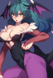 Rule 34 | bare shoulders, bat wings, breasts, bridal gauntlets, chestnut mouth, chromatic aberration, cleavage, clothing cutout, collarbone, commentary request, cowboy shot, demon girl, green hair, hair between eyes, head wings, heart cutout, highres, large breasts, leotard, long hair, low wings, mar10, morrigan aensland, open mouth, pantyhose, purple pantyhose, purple wings, simple background, solo, vampire (game), wings