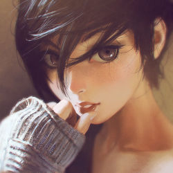 Rule 34 | 1girl, asymmetrical hair, black eyes, black hair, derivative work, foreshortening, freckles, ilya kuvshinov, indoors, lips, long sleeves, looking at viewer, original, overexposure, parted lips, photo-referenced, photorealistic, portrait, realistic, sleeves past wrists, solo, sunlight, sweater