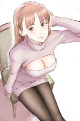 Rule 34 | 1girl, aino (acilealaulica), black pantyhose, breasts, brown eyes, brown hair, chair, cleavage, cleavage cutout, clothing cutout, covered erect nipples, dress, earrings, from above, tucking hair, highres, jewelry, large breasts, long hair, long sleeves, looking at viewer, meme attire, mole, mole under eye, open-chest sweater, original, pantyhose, pink lips, simple background, sitting, sleeves past wrists, smile, solo, sweater, sweater dress, turtleneck, turtleneck sweater