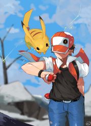 Rule 34 | 1boy, absurdres, badge, bare tree, baseball cap, belt, black shirt, black wristband, blouse, blurry, blurry background, closed mouth, cloud, commentary, creatures (company), day, denim, electricity, game freak, gen 1 pokemon, hat, head down, highres, holding, holding poke ball, jacket, jeans, male focus, nintendo, open clothes, open jacket, outdoors, pants, pikachu, poke ball, poke ball (basic), pokemon, pokemon (creature), pokemon rgby, red (pokemon), red headwear, shirt, signature, sky, tree, wristband, yunimaru