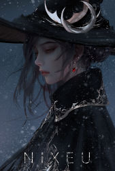 Rule 34 | 1girl, artist name, black cape, black hair, cape, earrings, hat, highres, jewelry, looking down, mole, mole under mouth, moon (ornament), nixeu, original, red eyes, silver trim, snow, witch hat