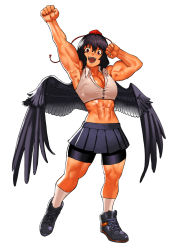 Rule 34 | 1girl, abs, armpits, arms up, biceps, black eyes, black footwear, black hair, black shorts, black skirt, black wings, breasts, cessa, cleavage, clenched hands, feathered wings, full body, hair between eyes, hat, medium breasts, medium hair, midriff, muscular, muscular female, navel, open mouth, pleated skirt, red hat, shameimaru aya, shirt, shoes, shorts, simple background, skirt, sleeveless, sleeveless shirt, smile, socks, solo, standing, tokin hat, touhou, white background, white shirt, wings