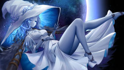 Rule 34 | 1girl, bare legs, blue eyes, blue hair, blue skin, breasts, colored skin, dress, elden ring, extra arms, extra faces, hat, highres, jewelry, liu liaoliao, long hair, looking at viewer, medium breasts, one eye closed, parted lips, ranni the witch, ring, solo, white dress, white hat, witch hat