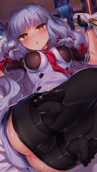 Rule 34 | 1girl, blunt bangs, blush, breasts, cameltoe, chestnut mouth, close-up, clothes pull, commentary request, covered erect nipples, crotch seam, dress, eyebrows, feet, gloves, hair ornament, hair ribbon, headgear, heavy breathing, highres, holding, holding clothes, holding jacket, jacket, kantai collection, kuon michiyoshi, long hair, lying, medium breasts, murakumo (kancolle), murakumo kai ni (kancolle), necktie, nipples, no shoes, on back, on bed, pantyhose, pantyhose pull, pussy juice, ribbon, sailor dress, skin tight, solo, suggestive fluid, sweat, thighband pantyhose, toes, tress ribbon, white hair, yellow eyes