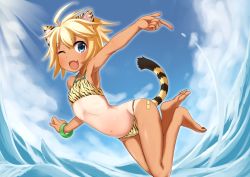 Rule 34 | 1girl, ;d, animal ears, animal print, armpits, bandaid, barefoot, bikini, blonde hair, blue eyes, bracelet, chocola flex, cloud, day, fang, flat chest, jewelry, navel, ocean, one-piece tan, one eye closed, open mouth, original, pointing, short hair, sky, smile, solo, swimsuit, tail, tan, tanline, tiger ears, tiger print, tiger tail, water