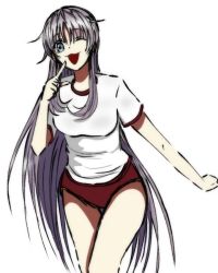Rule 34 | 1girl, :3, artist request, blue eyes, breasts, buruma, finger to mouth, grey hair, gym shirt, gym uniform, k-project, long hair, looking at viewer, medium breasts, neko (k-project), one eye closed, shirt, short sleeves, smile, solo, uniform, very long hair, white shirt