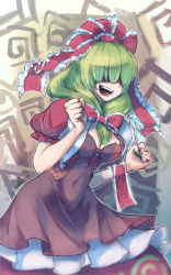 Rule 34 | 1girl, adapted costume, alternate costume, arm ribbon, blurry, breasts, brown dress, cleavage, clenched hands, dress, green hair, hair over eyes, hair ribbon, hands up, kagiyama hina, layered dress, long hair, oo gata ken, open mouth, patterned background, puffy short sleeves, puffy sleeves, red dress, ribbon, short sleeves, smile, solo, teeth, tongue, touhou, white dress