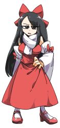 Rule 34 | 1girl, amerika zarigani, black eyes, black hair, bow, breasts, cookie (touhou), detached sleeves, forehead, full body, hair bow, hakurei reimu, hand on own hip, highres, large breasts, long hair, looking at viewer, mary janes, open mouth, red bow, red footwear, red shirt, red skirt, scarf, shiromiya rei, shirt, shoes, sidelocks, simple background, skirt, skirt set, sleeve bow, sleeveless, sleeveless shirt, socks, solo, standing, swept bangs, touhou, transparent background, white scarf, white sleeves, white socks