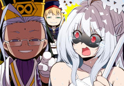 Rule 34 | 1boy, 2girls, anya&#039;s heh face (meme), aqua eyes, artoria caster (fate), artoria pendragon (fate), bikini, blonde hair, chen gong (fate), chinese clothes, chinese hat, commentary request, dark-skinned male, dark skin, evil smile, facial mark, false smile, fate/grand order, fate (series), forehead mark, grey-framed eyewear, holding, holding umbrella, i want you, lady avalon (second ascension) (fate), long hair, makishima rin, meme, merlin (fate/prototype), lady avalon (fate), multiple girls, parasol, parody, purple eyes, red eyes, scared, shaded face, smile, smug, spy x family, swimsuit, tears, umbrella, white bikini, white hair