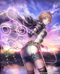 Rule 34 | 1girl, anbe yoshirou, ass, belt, blonde hair, breasts, brown hair, building, cape, cloud, cloudy sky, cropped legs, dress, highres, holding, hood, looking back, looking to the side, magic, magic circle, mountain, outdoors, parted lips, short dress, short hair, sky, solo, thighhighs, thighs, wand, water, weapon, zettai ryouiki