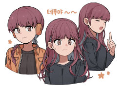 Rule 34 | 1girl, blush, braid, braided ponytail, breasts, brown eyes, closed mouth, cropped torso, hair down, hair over shoulder, hand up, headphones, index finger raised, jacket, kakizaki squad&#039;s uniform, looking at viewer, multiple views, nana 0253, open mouth, orange jacket, simple background, single braid, small breasts, teruya fumika, white background, world trigger