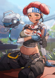 Rule 34 | 1girl, absurdres, animification, apex legends, arm tattoo, bandaid, bandaid on cheek, bandaid on face, belt, blue gloves, blurry, blurry background, blush, breasts, cleavage, d.o.c. health drone, dark-skinned female, dark skin, double bun, gloves, grey belt, grey tank top, hair bun, hands on own breasts, headband, headset, highres, large breasts, lifeline (apex legends), mask, mask around neck, midriff peek, nasaca, navel, olympus (apex legends), red hair, robot, solo, tank top, tattoo, tearing up, white headband