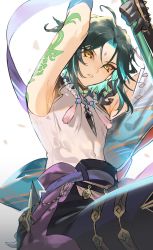 Rule 34 | 1boy, arm tattoo, armpits, arms up, bare shoulders, bead necklace, beads, black gloves, covered navel, dark green hair, detached sleeves, diamond-shaped pupils, diamond (shape), facial mark, genshin impact, gloves, green hair, hair between eyes, highres, holding, holding polearm, holding weapon, jewelry, male focus, mask, unworn mask, mikuroron, multicolored hair, necklace, parted lips, polearm, shoulder tattoo, single glove, solo, streaked hair, symbol-shaped pupils, tattoo, turtleneck, two-tone hair, weapon, xiao (genshin impact), yellow eyes