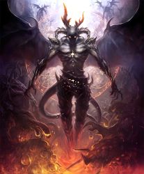 Rule 34 | 1boy, artist request, asymmetrical horns, black skin, claws, colored skin, cracked skin, cygames, demon, demon boy, demon horns, demon wings, faceless, glowing, hell, horns, magic circle, multiple tails, muscular, official art, pentagram, satan (shingeki no bahamut), shadowverse, shingeki no bahamut, solid eyes, tail, uneven eyes, wings, yellow eyes, yellow horns