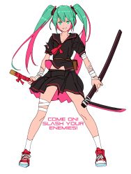 Rule 34 | 1girl, bad id, bad pixiv id, bandaged arm, bandages, black serafuku, full body, green eyes, green hair, hair ornament, hatsune miku, highres, holding, jandy, katana, long hair, looking at viewer, matching hair/eyes, multicolored hair, parted lips, pleated skirt, school uniform, serafuku, shoes, simple background, skirt, smile, socks, solo, standing, sword, twintails, two-tone hair, vocaloid, weapon, white background, white socks