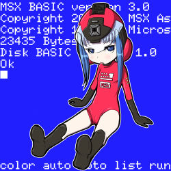 Rule 34 | 1chip msx, 1chip msx-tan, 1girl, arm support, black footwear, black gloves, blue background, blue eyes, blue hair, blush, boots, cameltoe, computer, copyright notice, crt, elbow gloves, english text, facing viewer, flat chest, full body, gloves, helmet, keyboard (computer), leotard, looking at viewer, lowres, matching hair/eyes, msx, os-tan, outline, personification, pixelated, red leotard, screencap, second-party source, simple background, sitting, skin tight, solo, text background, white outline