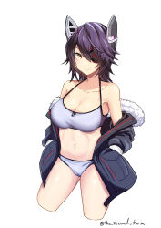 Rule 34 | 1girl, absurdres, bikini, breasts, eyepatch, floating headgear, headgear, highres, jacket, kantai collection, large breasts, looking at viewer, medium hair, navel, off shoulder, official alternate costume, purple hair, smile, solo, swimsuit, tenryuu (kancolle), tenryuu kai ni (kancolle), the second form, white bikini, yellow eyes
