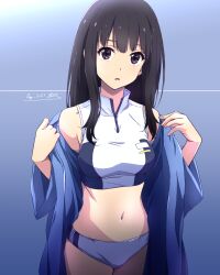 Rule 34 | 1girl, bare shoulders, black hair, blue background, blue jacket, breasts, dated, gradient background, highres, inoue takina, jacket, long hair, looking at viewer, lycoris recoil, medium breasts, midriff, navel, nii manabu, open clothes, open jacket, purple eyes, signature, solo