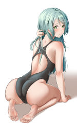 Rule 34 | 1girl, absurdres, aqua hair, ass, back, bang dream!, bare arms, bare legs, bare shoulders, barefoot, black one-piece swimsuit, blush, closed mouth, competition swimsuit, feet, from behind, furiousghafo, green eyes, highleg, highres, hikawa sayo, holding, holding own hair, leaning forward, long hair, looking at viewer, looking back, nape, one-piece swimsuit, seiza, simple background, sitting, skindentation, soles, solo, swept bangs, swimsuit, tareme, white background, wide hips