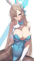 Rule 34 | 1girl, absurdres, animal ears, asuna (blue archive), asuna (bunny) (blue archive), black pantyhose, blue archive, blue bow, blue eyes, blue leotard, bow, breasts, closed mouth, detached collar, fake animal ears, gloves, halo, highres, large breasts, leotard, light brown hair, long hair, official alternate costume, pantyhose, playboy bunny, rabbit ears, revision, ryokuchabushi, simple background, smile, solo, strapless, strapless leotard, very long hair, white background, white gloves