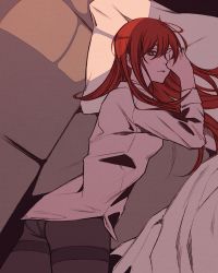 Rule 34 | 1girl, ass, black pantyhose, blush, breasts, closed mouth, couch, day, hair between eyes, indoors, long hair, long sleeves, looking at viewer, lying, makise kurisu, moshimoshibe, on couch, on stomach, one eye closed, panties, panties under pantyhose, pantyhose, pillow, purple eyes, red hair, shirt, small breasts, solo, steins;gate, thighband pantyhose, underwear, waking up, white shirt, window shadow, wiping face