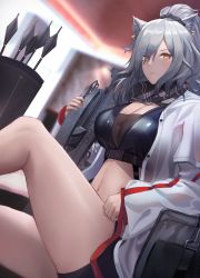 Rule 34 | 1girl, animal ears, arknights, arrow (projectile), black scarf, blurry, blurry background, breasts, cat ears, cleavage, commentary, crop top, eru (eru illust), highres, holding, jacket, large breasts, long hair, long sleeves, looking at viewer, midriff, navel, open clothes, open jacket, quiver, scarf, schwarz (arknights), silver hair, sitting, solo, stomach, thighs, white jacket, yellow eyes