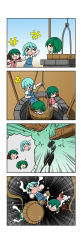 Rule 34 | &gt; &lt;, +++, 3girls, 4koma, ^^^, absurdres, animal ears, arm up, blue hair, blue skirt, blue vest, blush stickers, bucket, chibi, comic, emphasis lines, falling, geta, green hair, hair between eyes, hair bobbles, hair ornament, highres, in bucket, in container, kasodani kyouko, kisume, long sleeves, multiple girls, o o, outstretched arms, pink shirt, puffy short sleeves, puffy sleeves, pulley, rakugaki-biyori, rope, shirt, short hair, short sleeves, sideways mouth, silent comic, skirt, solid oval eyes, tail, tatara kogasa, tears, touhou, triangle mouth, twintails, vest, well, white skirt