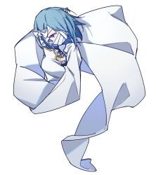 Rule 34 | 1girl, bandaged head, bandages, blue eyes, blue hair, bow, cape, cropped torso, hair bow, highres, ken rqll, looking at viewer, mahou shoujo madoka magica, mahou shoujo madoka magica: walpurgis no kaiten, miki sayaka, short hair, simple background, solo, upper body, white background, white cape