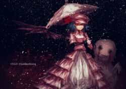 Rule 34 | 1girl, adapted costume, black background, blood, bloody tears, blue hair, breasts, closed mouth, commentary request, dated, dress, expressionless, feet out of frame, frilled dress, frills, hair between eyes, hat, holding, holding umbrella, lastdark, long bangs, looking at viewer, peaked cap, petticoat, pink dress, pink hat, pink umbrella, red eyes, remilia scarlet, short hair, small breasts, snow, snowflakes, snowing, snowman, solo, standing, touhou, twitter username, umbrella